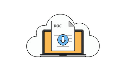 Wall Mural - Digital Document Download within Cloud, Featuring a Laptop Computer and Document Icon Design on White Backdrop