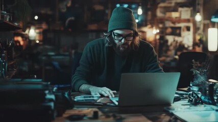 Intense bearded male coder, with glasses, typing on a laptop at a desk with soft lighting in a