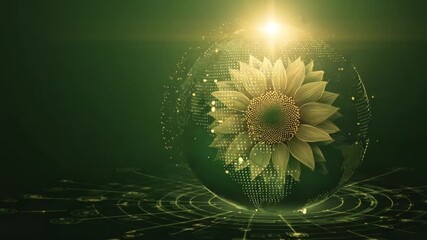 Wall Mural - a luminous sunflower blossoms within a glowing orb, resting on a dark, network-like surface, creatin
