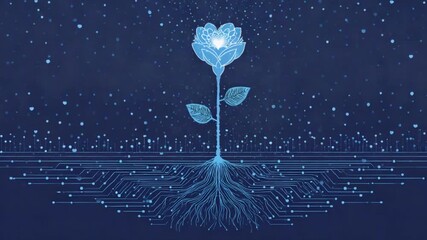 Wall Mural - glowing blue flower with roots intertwined with circuit board design on a dark blue background, scat