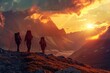 © Dewi - Vibrant Color Image of a Group of Hikers Walking in the Mountains at Sunset, Embracing Nature