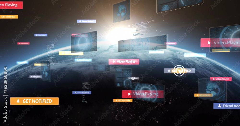 Displaying Earth globe curving above space view, with panels ...