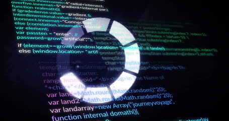Wall Mural - Spinning circular loading spinner overlaying code editor view, with scrolling JavaScript code text