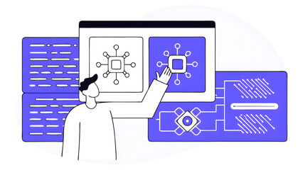 ai artificial intelligence data science information technology concept. businessman touching on ai machine learning on virtual screen with big data computer code