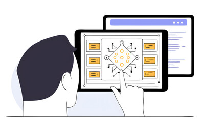 engineer programmer using digital tablet with cyber security network and computer code on virtual screen interface. data science. machine learning of artificial intelligence