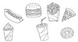 © ROSARIO - Outline fast food illustrations featuring burger, fries, pizza and drink