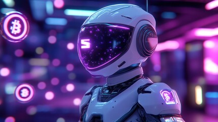 Wall Mural - Futuristic robot, crypto backdrop, neon city, digital finance