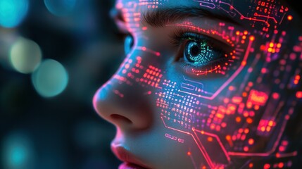 Wall Mural - Woman, futuristic face paint, circuit design, night city bokeh, tech ad