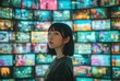 © Selvi - A young person gazes thoughtfully, framed by a wall of illuminated screens, suggesting themes of media, technology, and contemplation.