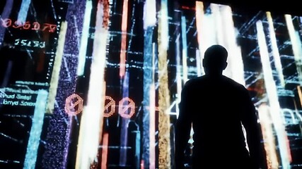 Man Silhouette Absorbing Futuristic Digital Data Stream Background