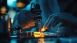 © akun - Scientist's gloved hands carefully manipulate a sample under a microscope in a dimly lit laboratory.