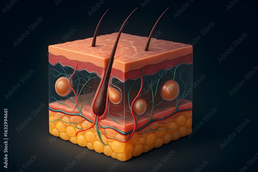 3D medical illustration of human skin layers including epidermis ...