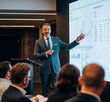 © picturehome - Data analysis, business presentation, team communication, leadership. Middle-aged professional man gives presentation, explanations to audience, stands next to screen displaying financial information
