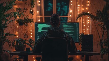 Person with dreadlocks works on computer with green code in cozy, plant-filled room at night
