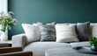 © Viral - Serene living room scene showcasing textured throw pillows on a comfortable couch against a calming teal wall creating a cozy and inviting atmosphere.