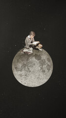Wall Mural - boy reading on moon, surreal education remix