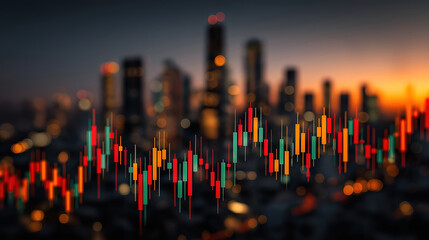 Wall Mural - urban financial concept shown by stock market chart over cityscape illustrating market activity
