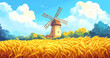 © Aisyaqilumar - A beautiful illustration of a wooden windmill standing in a golden wheat field and a bright blue sky filled with white clouds.