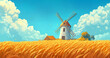 © Aisyaqilumar - A beautiful illustration of a wooden windmill standing in a golden wheat field and a bright blue sky filled with white clouds.
