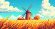 © Aisyaqilumar - A beautiful illustration of a wooden windmill standing in a golden wheat field and a bright blue sky filled with white clouds.