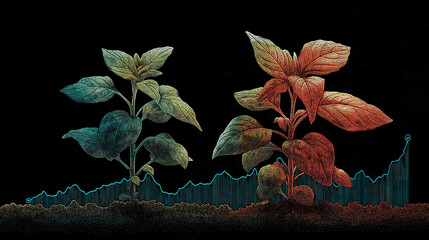 Wall Mural - plants sprouting from soil linked by graph line illustrating development and financial success