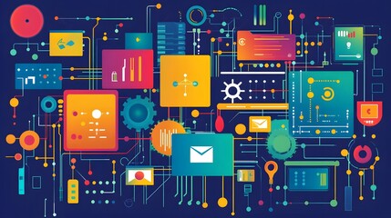 Colorful interconnected network of digital elements.