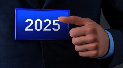A businessman in a dark suit focuses on the year 2025 displayed on a digital screen, emphasizing innovation and future planning. The blue background adds a modern touch.