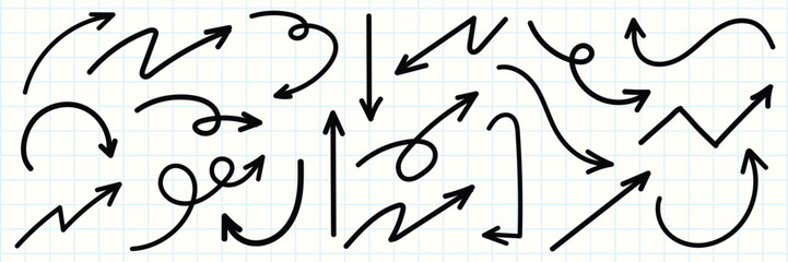 Wall Mural - Set of simple lines hand drawn black arrows in various style. Set of simple of hand drawn black arrows. Set of simple lines hand drawn black arrows. Various of simple lines arrows collection