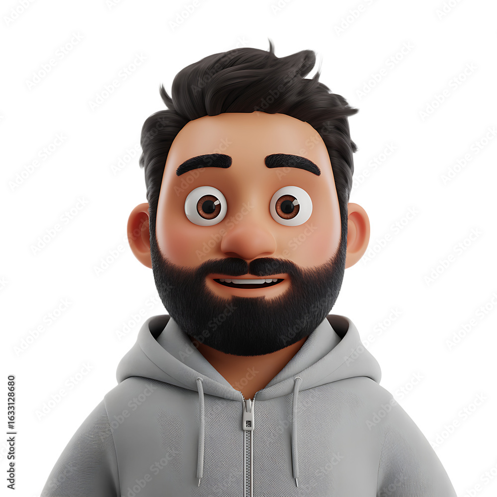 Smiling 3D cartoon man with a beard and modern hoodie, ideal for ...