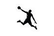 © Likhon - Dynamic silhouette of a basketball player in mid air powerfully dunking the ball against a clean white background capturing athletic movement and skill silhouette