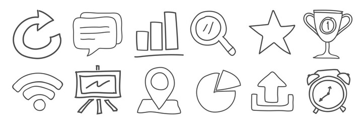 Wall Mural - hand-drawn icons set featuring a trophy, magnifying glass, pie chart, and more. includes a trophy, p