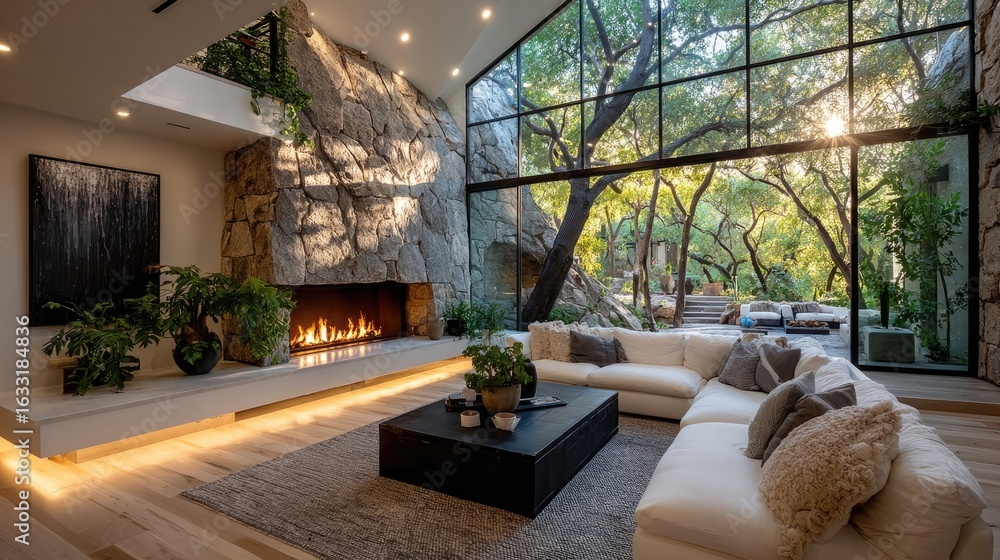 Modern living room with stone fireplace and outdoor view Stock Photo ...