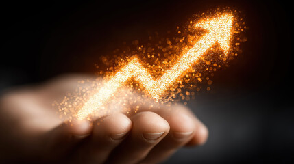 Wall Mural - hand holding glowing upward arrow symbolizing growth success and financial business progress
