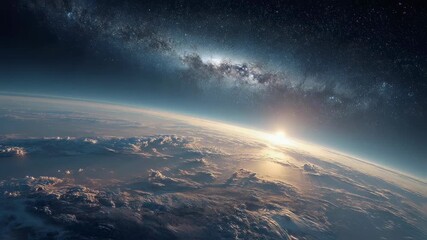 Wall Mural - blue sunrise over planet earth from space with glowing atmosphere, breathtaking milky way galaxy vie