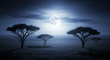 A breathtaking full moon illuminates a serene savanna landscape at night, casting shadows from iconic acacia trees across the vast, dark plains.