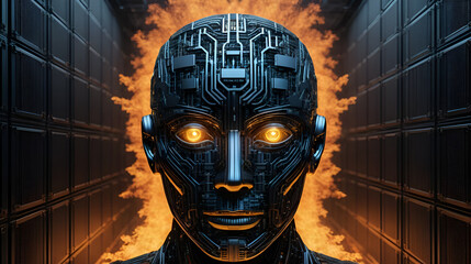 Abstract AI head surrounded by firewalls and encryptions