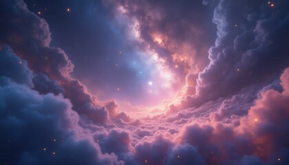 Wall Mural - dreamy night sky above clouds with glowing celestial bodies