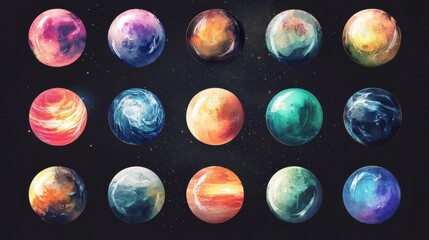 Wall Mural - fifteen planets in cosmic space with dark starry background