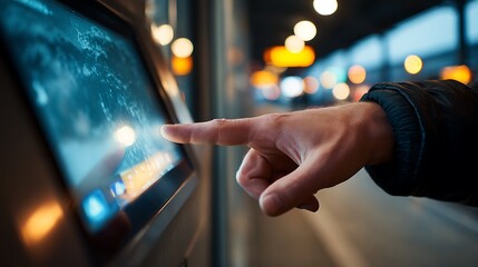 Person Using Touchscreen Device at Public Location Hand Interacting