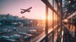 © Adiyatma - Airplane taking off, airport view through window at sunrise