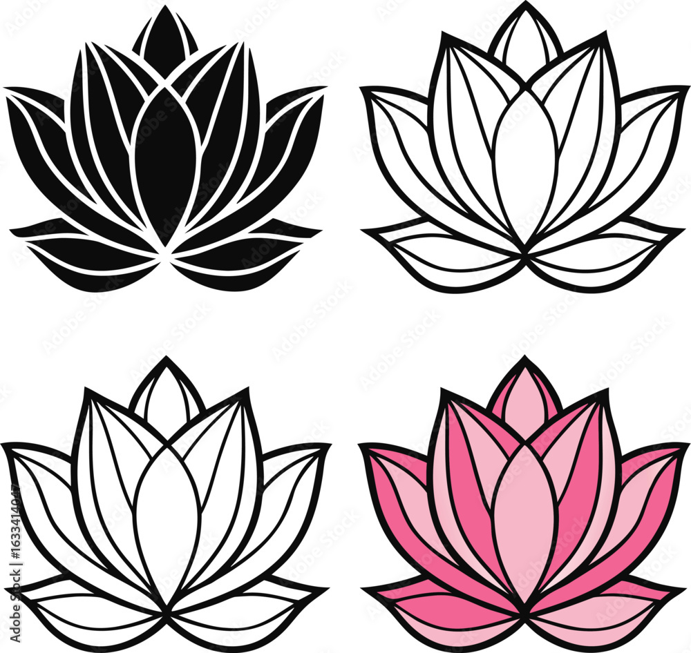 Set of Lotus Flower Motifs with Layered Petals and Botanical Detail