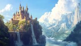 Fairytale castle perched on a clifftop, waterfalls cascading down to a tranquil lake. Lush greenery surrounds the majestic structure, set against a backdrop of snow-capped mountains and a vibrant sky