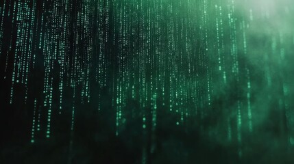 Wall Mural - abstract technology background with flowing binary code in bright green digits on a dark green matri