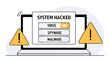 © hyeon - system hacked warning alert on laptop. cyber attack on computer network virus spyware malware or malicious software. cyber security and cybercrime. alarm caution warning notification