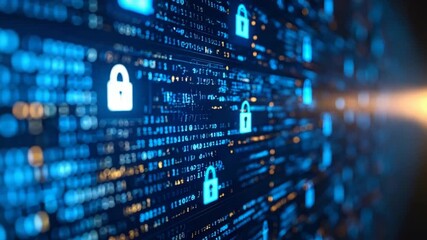 Digital security glowing padlocks on a binary code background