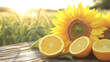 © 阿咩hu - Fresh sunflowers and citrus slices on a rustic table, golden sunlight and green fields, vibrant summer energy