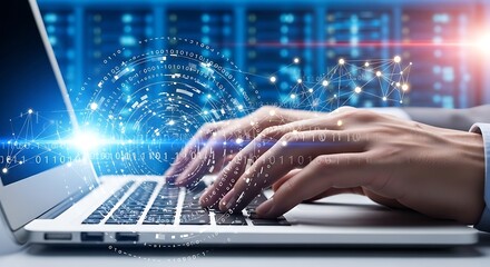 Hands typing on a laptop with a futuristic digital background