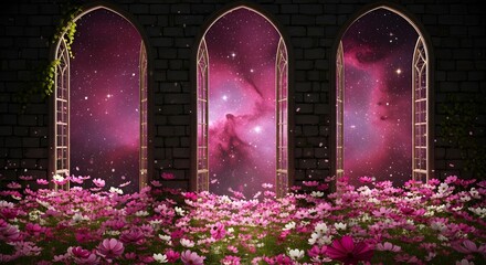 three arched doorways open to a cosmos galaxy with cosmos flowers in foreground