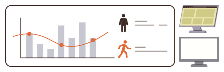 Bar chart and line graph with data points, user profiles, and screens. Ideal for analytics, business, health, statistics, technology, software user interface simple flat metaphor