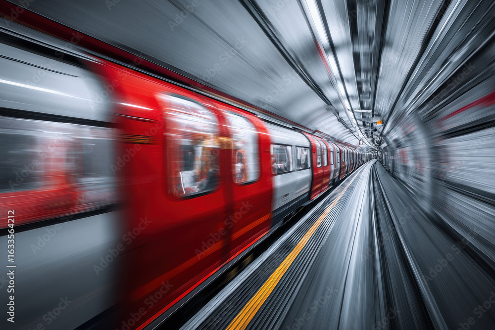 Red tube train speeds through underground tunnel captured from a dynamic perspective, highlighting motion blur and vibrant colors